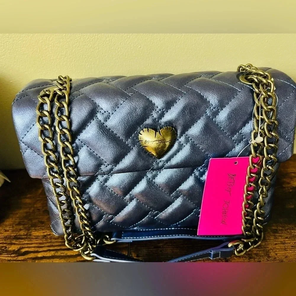 Betsey Johnson Xomaze Metallic Blue Quilted Shoulder Bag NWT